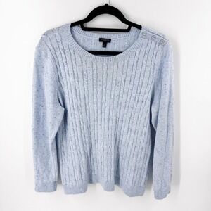 Talbots Petites Light Blue Speckled Cable Knit Button Shoulder Sweater LP